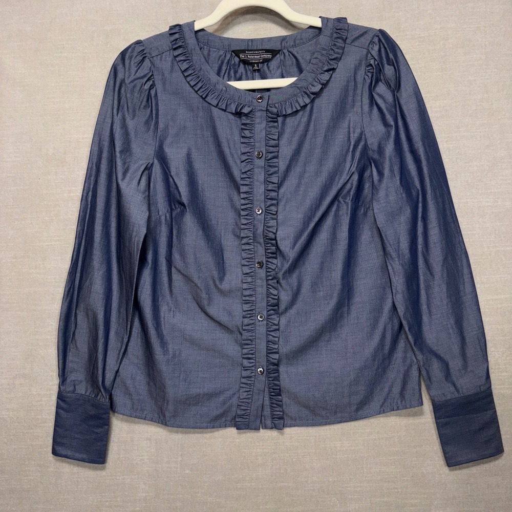 The J Peterman Company Blue Denim Chambray Ruffle‎ Button Front Shirt Top Size S